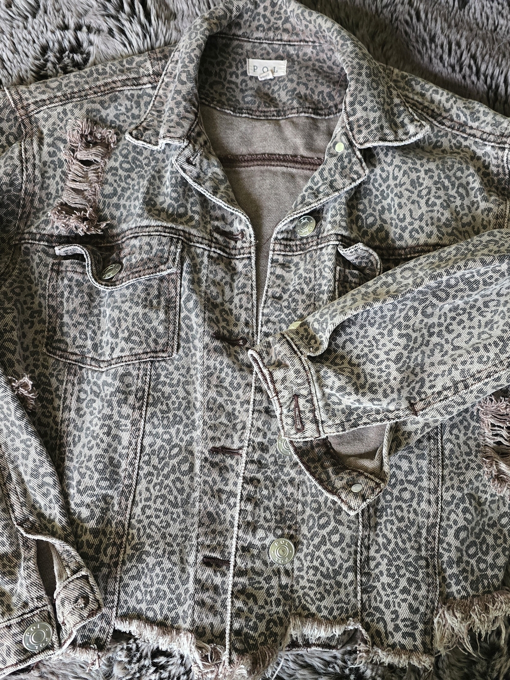 Women's Leopard Print Distressed Denim Jacket - Taupe